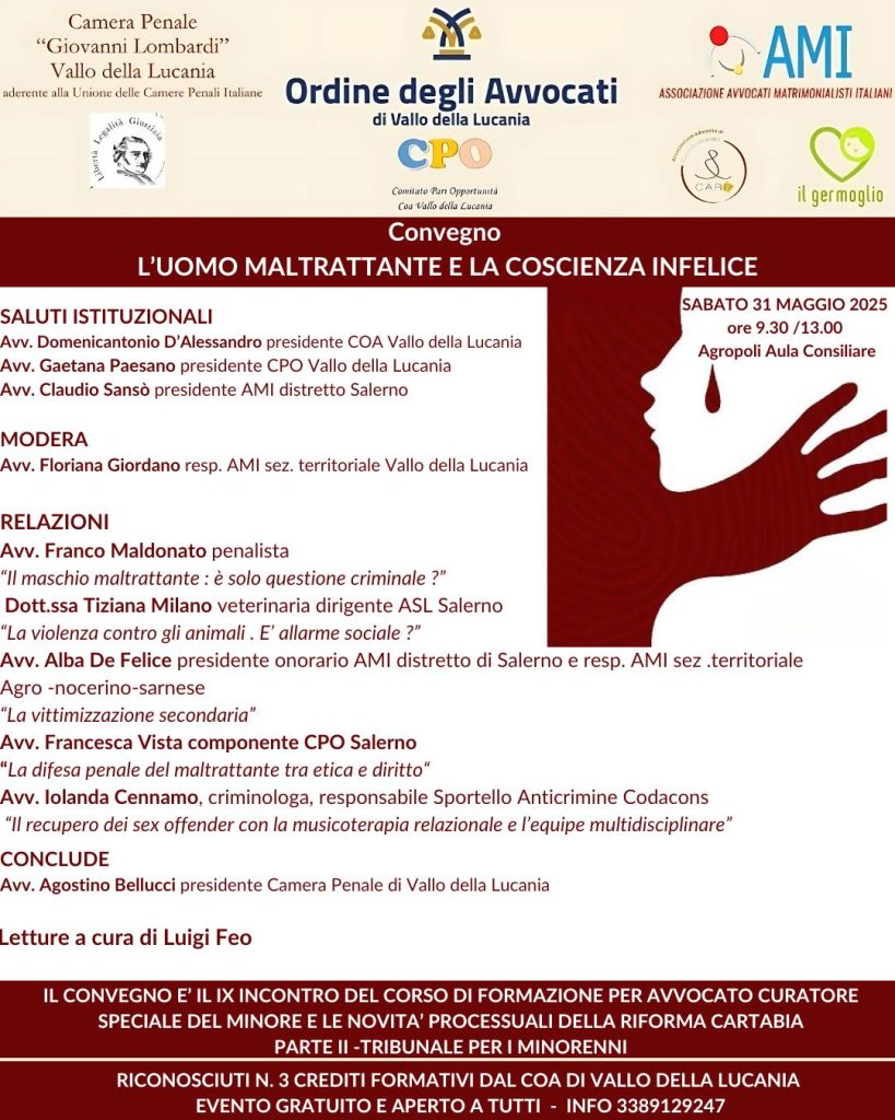 CONVEGNO “L’UOMO MALTRATTANTE E LA COSCIENZA INFELICE”- sabato 31 maggio 9:30/13:00 Agropoli Aula Consiliare